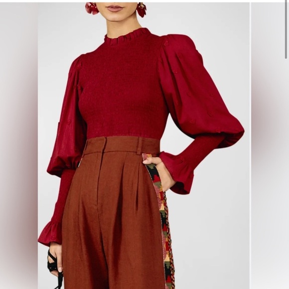 FARM Rio Tops - Farm Rio Burgundy Red Smocked Blouse Top Heart Embellished Sleeves- Size XL